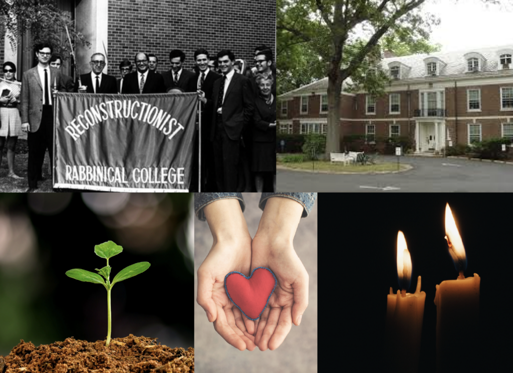 Collage with a group photo, a building, a plant sprout, hands holding a heart, and two lit candles.